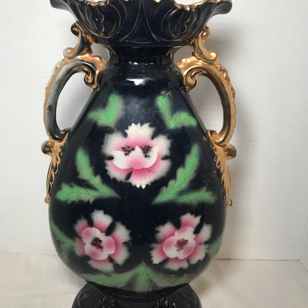 Decorative Floral Ceramic Vase - Black with Pink Flowers